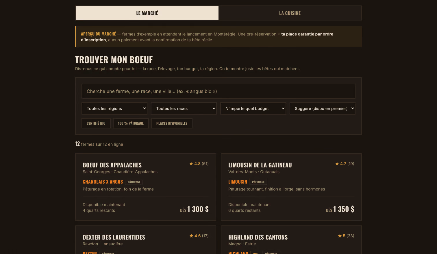 Aperçu du marché : la recherche par race, région et budget, puis les fermes avec leurs prix fixes